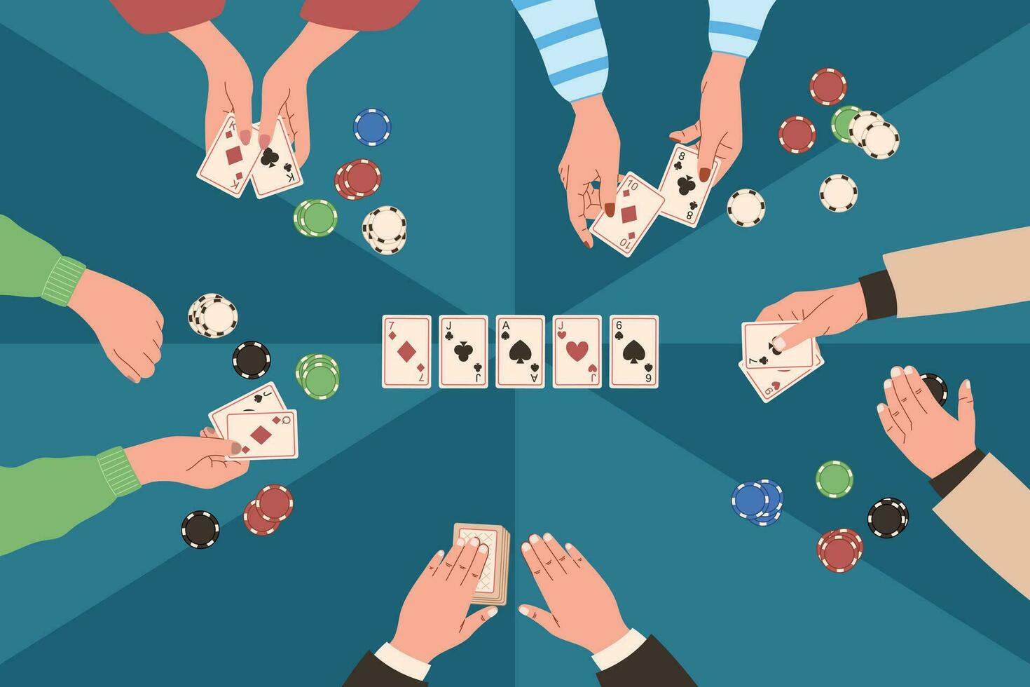 Hände von Menschen spielen Tafel Spiel Poker, oben Sicht. Tabelle im ein Kasino mit Chips und spielen Karten. Vektor eben Illustration, Tabelle Glücksspiel.