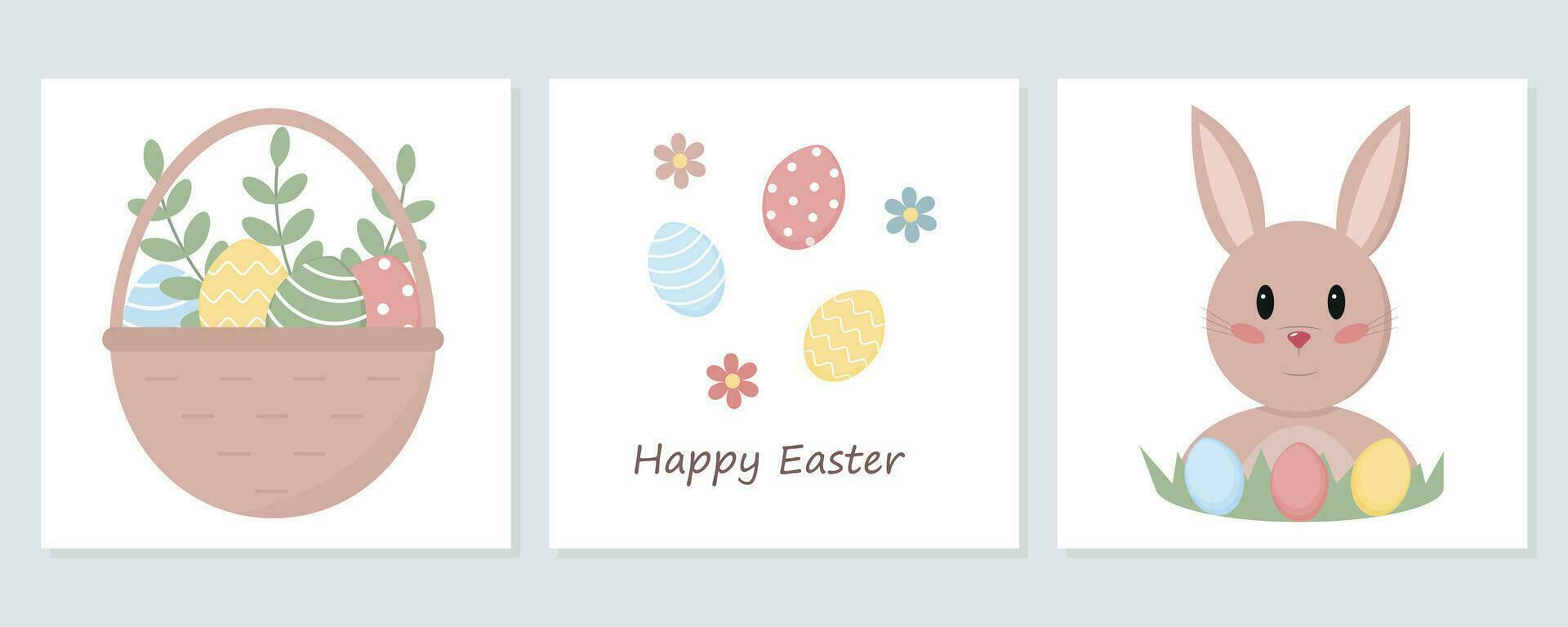 einstellen von Ostern Karten im eben Stil. traditionell Symbole, Eier, Hase und Andere. Vektor Illustration
