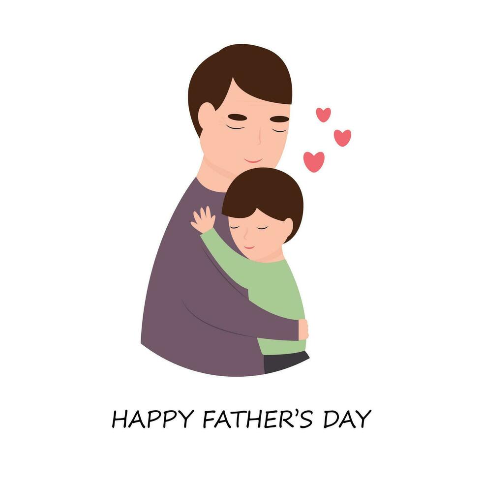 Vaters Tag Gruß Karte mit Bild von Mann umarmen seine wenig Sohn. Vektor Illustration im Karikatur Stil.