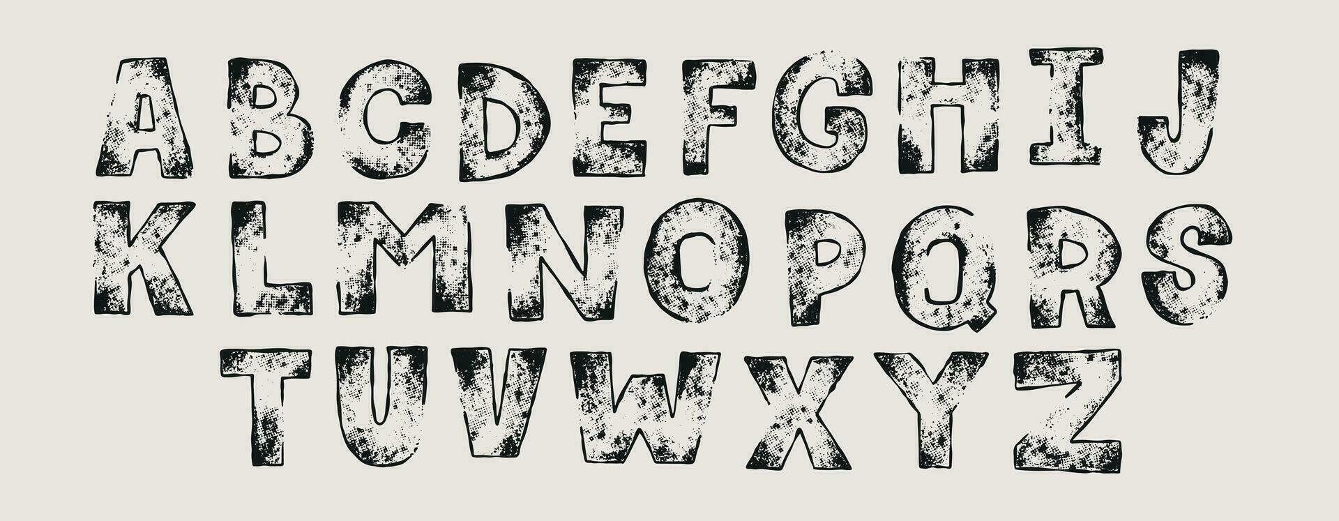 Grunge Textur Alphabet Briefe Schriftart. Jahrgang Sammelalbum Rau Tinte Buchdruck. maschinengeschrieben Briefmarke vektor