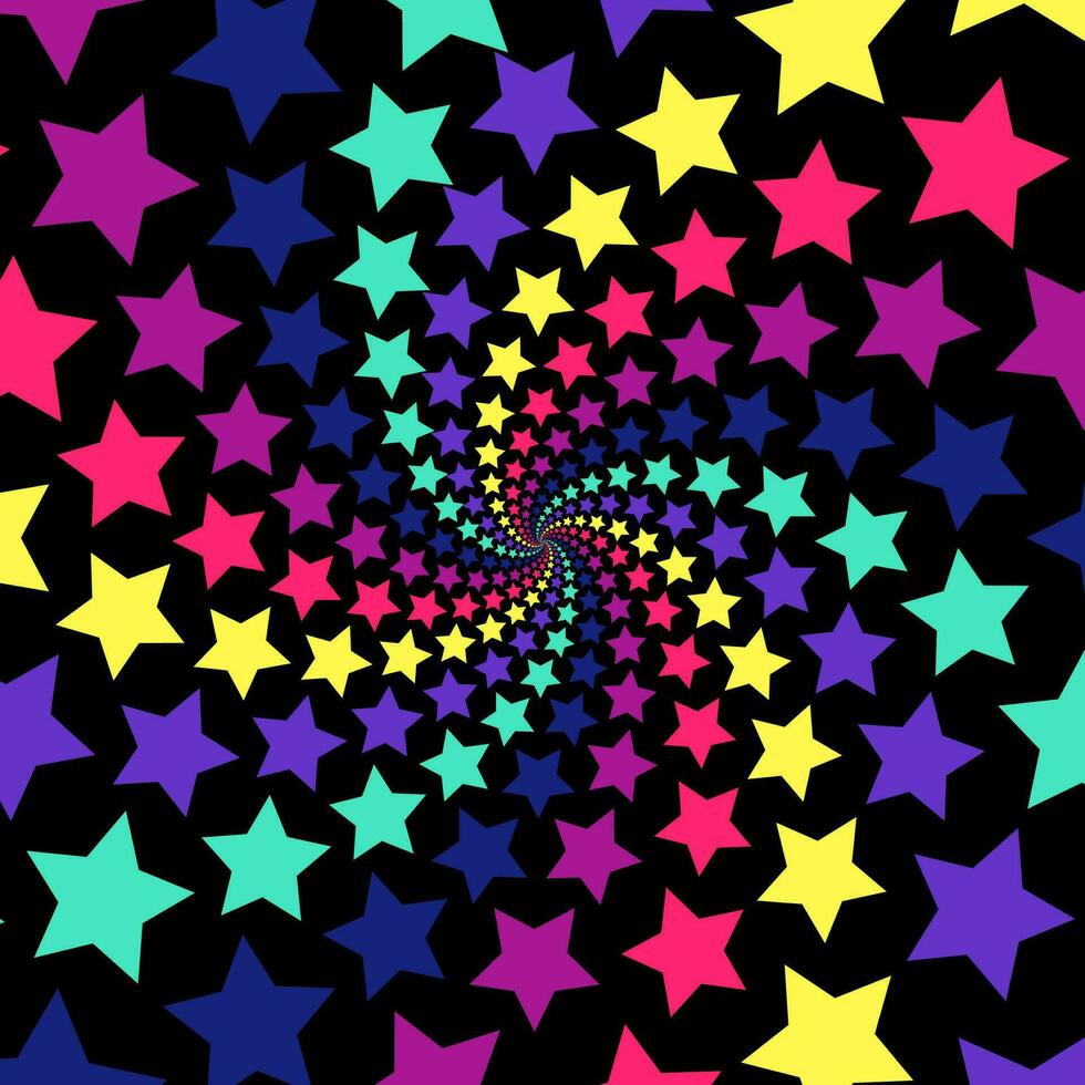 lila, rosa, gul, cyan, och blå stjärna gnistra virvla runt mönster bakgrund. gnistrande stjärnor spiral virvel vektor illustration.