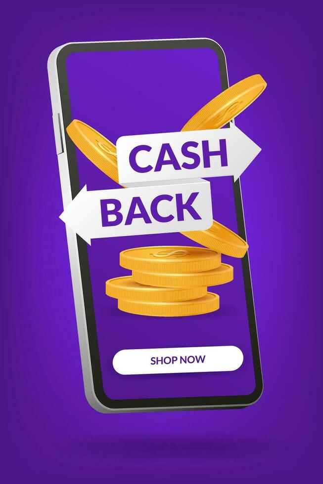 3d Vektor mit ein Cashback Konzept auf ein Handy, Mobiltelefon App Schnittstelle. perfekt zum Werbung, Banner, und online Unternehmen. Illustration von ein Smartphone symbolisieren praktisch Cashback Transaktionen