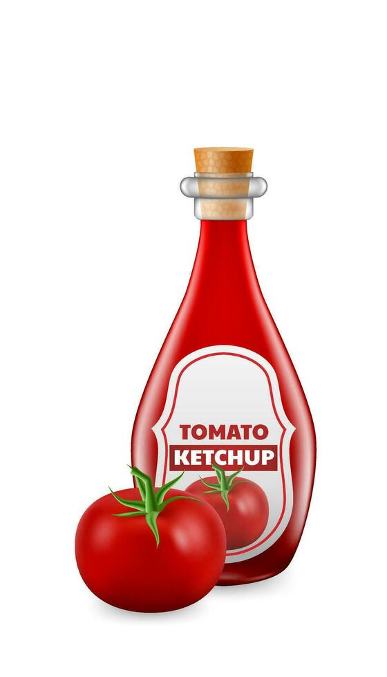 3d Vektor Illustration von ein realistisch Tomate und ein Flasche von aromatisch Ketchup. frisch und saftig Tomate und das Glas Flasche, perfekt zum Hintergründe, Menüs, und Verpackung Designs