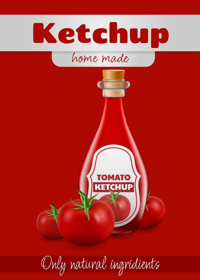 3d Vektor Illustration von ein realistisch hausgemacht Tomate Soße Flasche. das Bild Eigenschaften ein glühend Glas Flasche gefüllt mit frisch und aromatisch Tomate Soße. verwenden es zum Banner, Poster, oder Fan-Shop