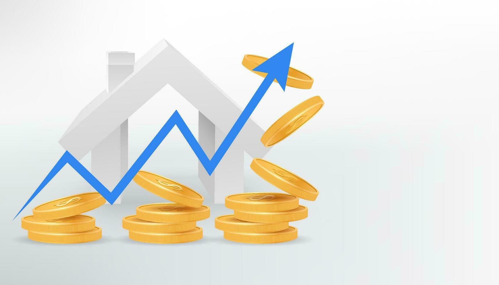 realistisch 3d Vektor Bild von ein Stapel von golden Münzen mit ein nach oben Grafik Pfeil Diagramm. perfekt zum echt Anwesen, Eigentum, und Investition Projekte. Weiß Haus auf das Hintergrund