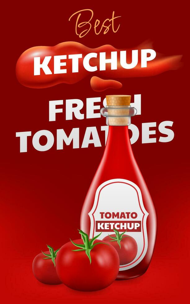 realistisk 3d vektor illustration av en glas flaska med utsökt tomat ketchup. de bild ställer ut en droppande ketchup släppa formning en fläck, tillsats en dynamisk Rör. perfekt för reklam, branding