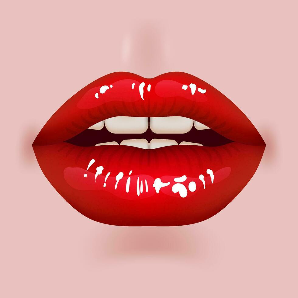 3d realistisch, rundlich Lippen im ein beschwingt rot Farbe. diese saftig und glänzend Lippen verströmen Sinnlichkeit und Verlangen. perfekt zum Kosmetik, Mode, und romantisch Entwürfe. öffnen Mund mit Zähne, Lippenstift Beförderung vektor