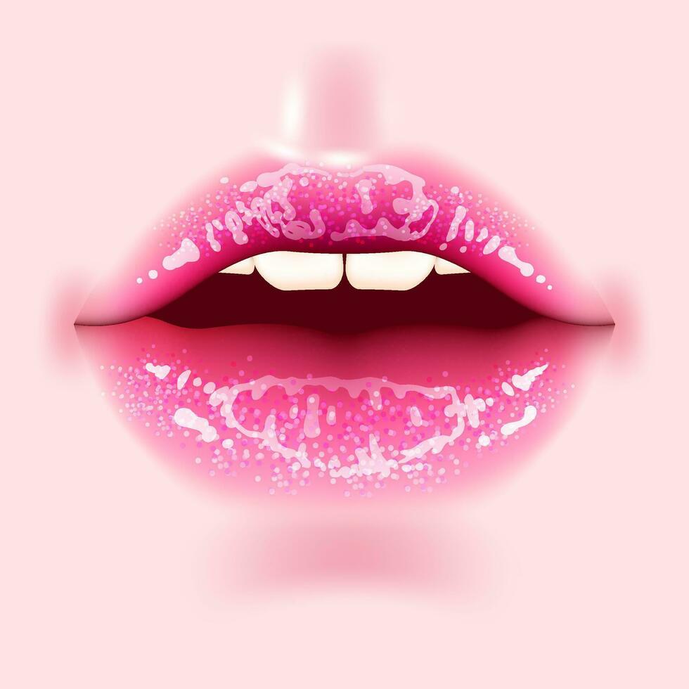 realistisk mun med en glansig glans. de lysande textur lägger till en Rör av glamour och stil till dessa fantastisk rosa mun. perfekt för kosmetisk, mode, hjärtans dag, läppstift befordran baner vektor