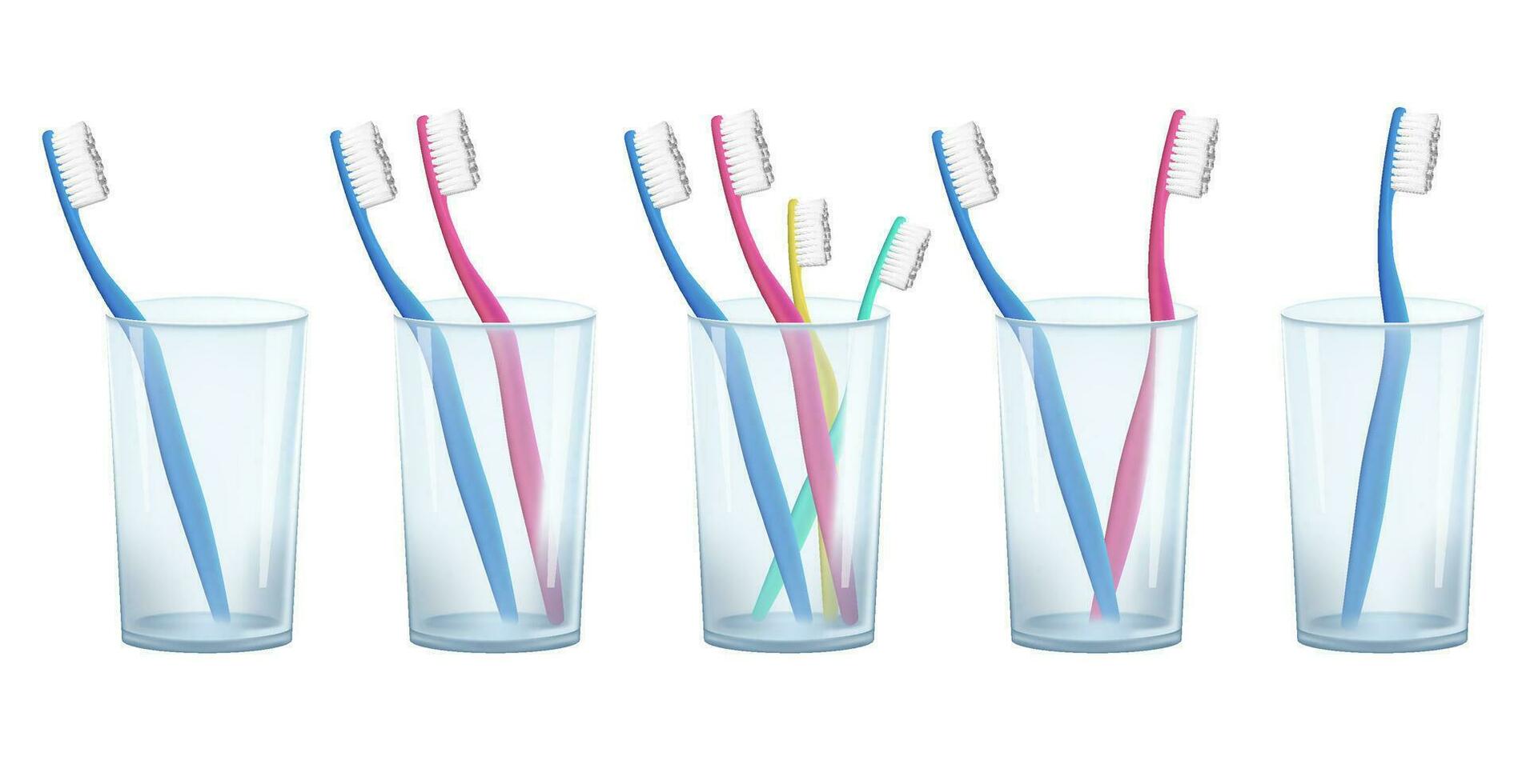 realistisch 3d Zahnbürste einstellen im ein Glas Tasse, mit ein Paar von Zahnbürsten mit Blau und Rosa Borsten. perfekt zum Familie und Kinder, fördern Oral Gesundheit, Hygiene, Dental Pflege. Phasen von Leben vektor