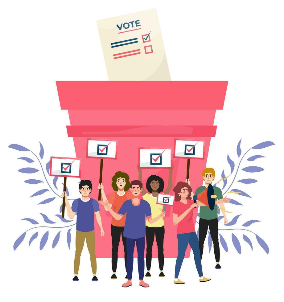 val begrepp. grupp av människor röstning och sätta valsedel papper i de valsedel låda. demokrati. president- val. folkomröstning. rösta platt vektor illustration. mycket liten människor.