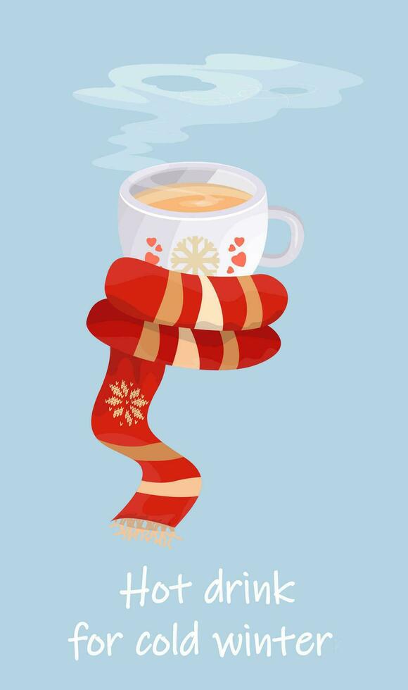 Tasse von heiß trinken eingewickelt mit ein Schal. Winter Postkarte. Speisekarte Design Element. heiß Kaffee Cappuccino im Weiß Tasse. Netz Vektor Vertikale Illustration.
