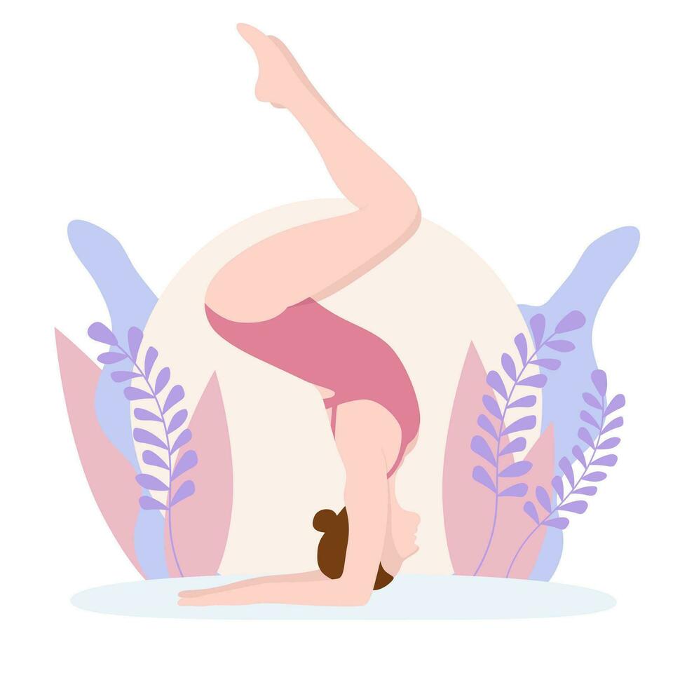 ein jung Mädchen im ein Rosa Badeanzug Praktiken Methoden Ausübungen Yoga, steht im ein Pose. Vektor Illustration im eben Stil.