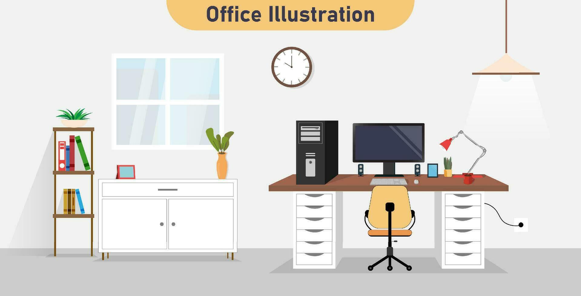 Innen- Zuhause Büro Innere. Büro Arbeitsplatz Möbel Innere Konzept. Vektor eben Grafik Design Karikatur Illustration.