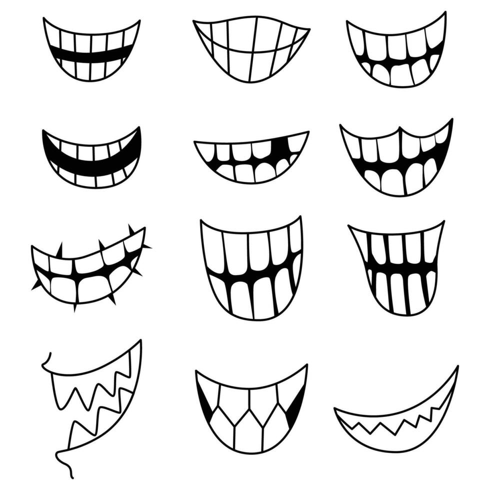 Karikatur Mund lächelnd komisch glücklich Vektor Design. Zeichnung Zähne Emoji Symbol Dental