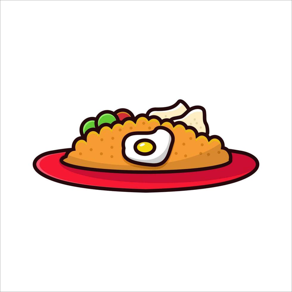 tecknad serie illustration av friterad ris med ägg och vegetabiliska isolerat på vit bakgrund. vektor