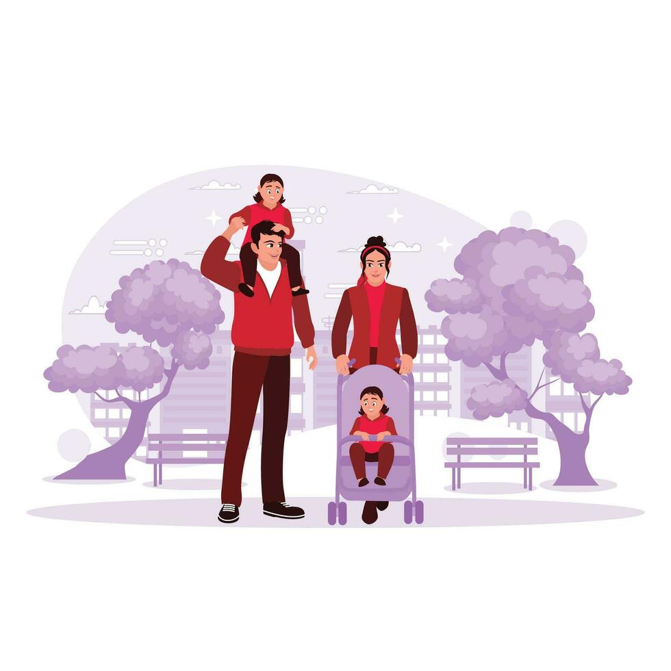 Lycklig familj tar en promenad i de parkera, pappa bärande bror på hans axlar och mamma tryckande liten brors sittvagn. trend modern vektor platt illustration.