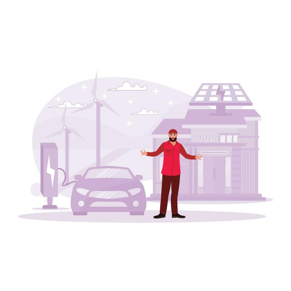 bärtig Mann Laden ein elektrisch Auto gegen ein Windmühle und Solar- Panel Haus im das Hintergrund. Trend modern Vektor eben Illustration.