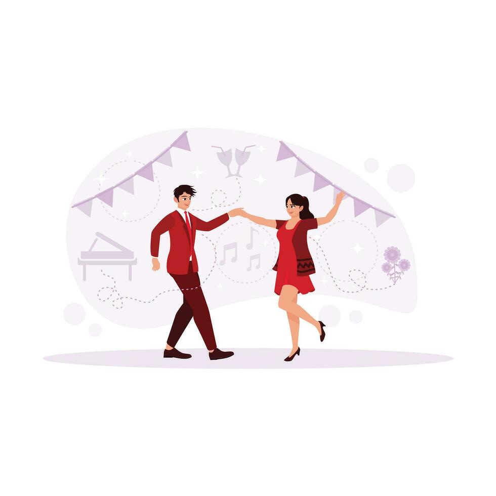 glücklich Paar beim ein Party. Tanzen entlang mit das Musik, mit ein animiert Hintergrund und schön Kleidung. Trend modern Vektor eben Illustration.