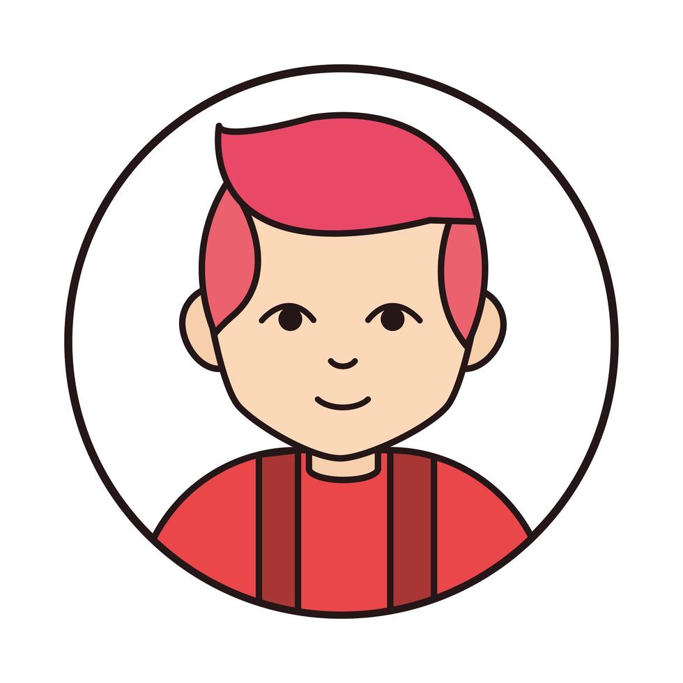 kleiner Junge mit Haaren roter Zeichentrickfigur rundes Liniensymbol vektor