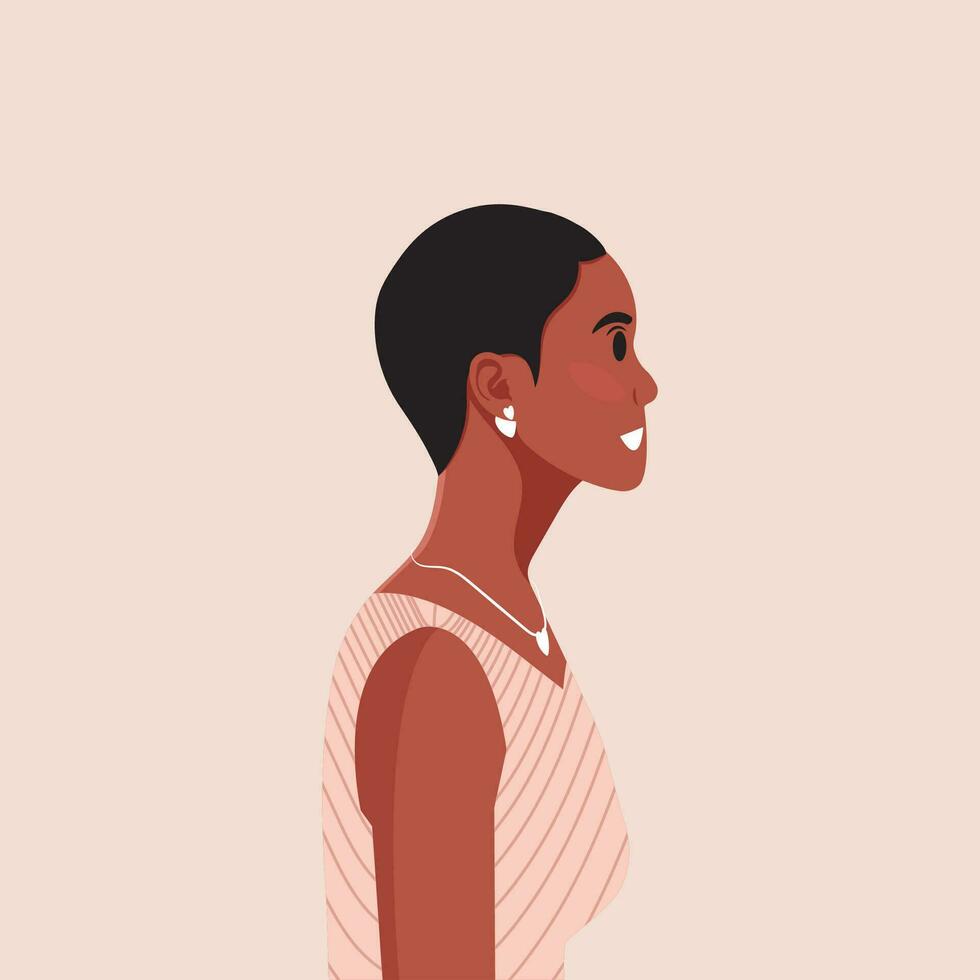 ung skön afrikansk amerikan kvinna profil porträtt. kvinna person med brun hud och lockigt hår. vektor illustration