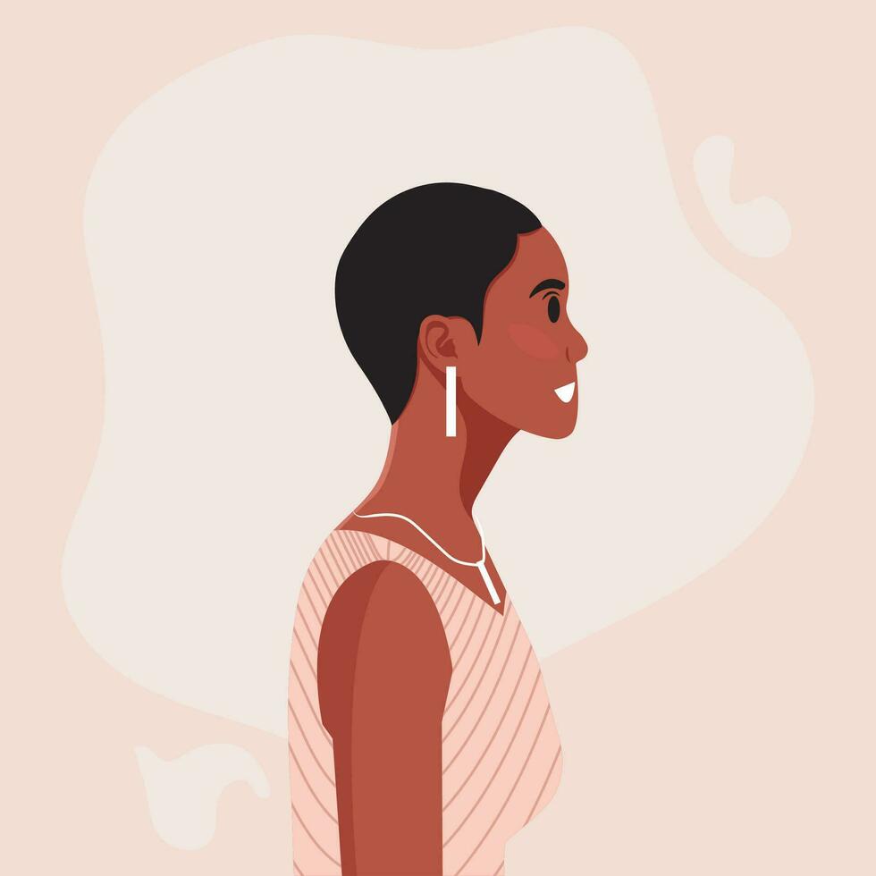 jung schön afrikanisch amerikanisch Frau Profil Porträt. weiblich Person mit braun Haut und lockig Haar. Vektor Illustration