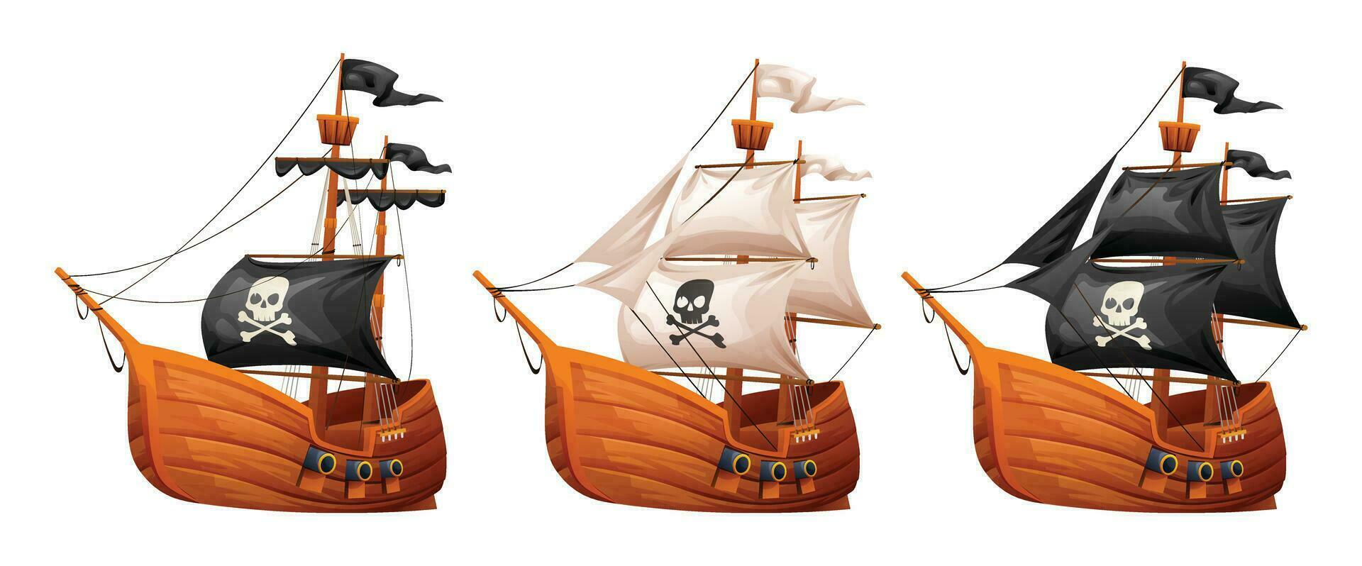 uppsättning av pirat fartyg tecknad serie illustration isolerat på vit bakgrund vektor