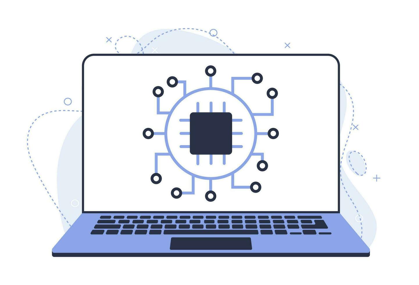 Illustration von ein Laptop mit ein Aktualisiert Chip. Neu Software Ausführung. verbessert Eigenschaften vektor