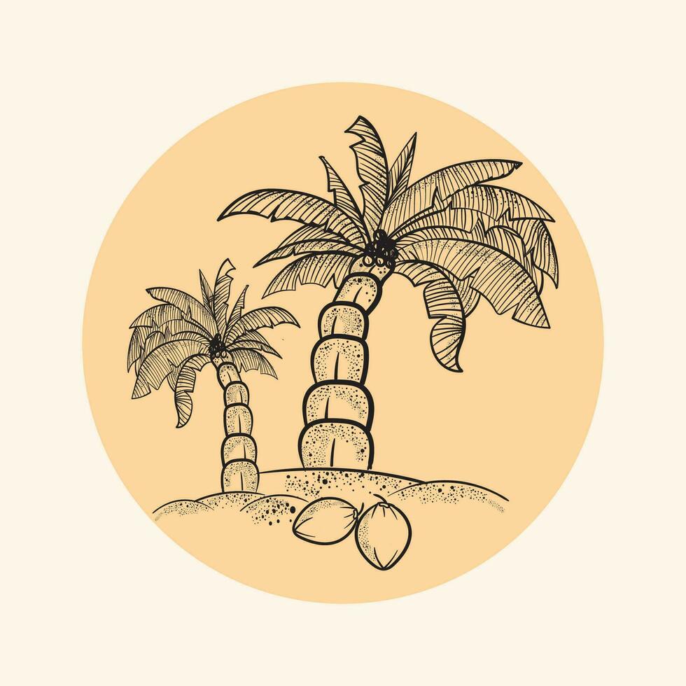 Palme Baum mit Kokosnuss auf das Insel. Hand gezeichnet Vektor Illustration.