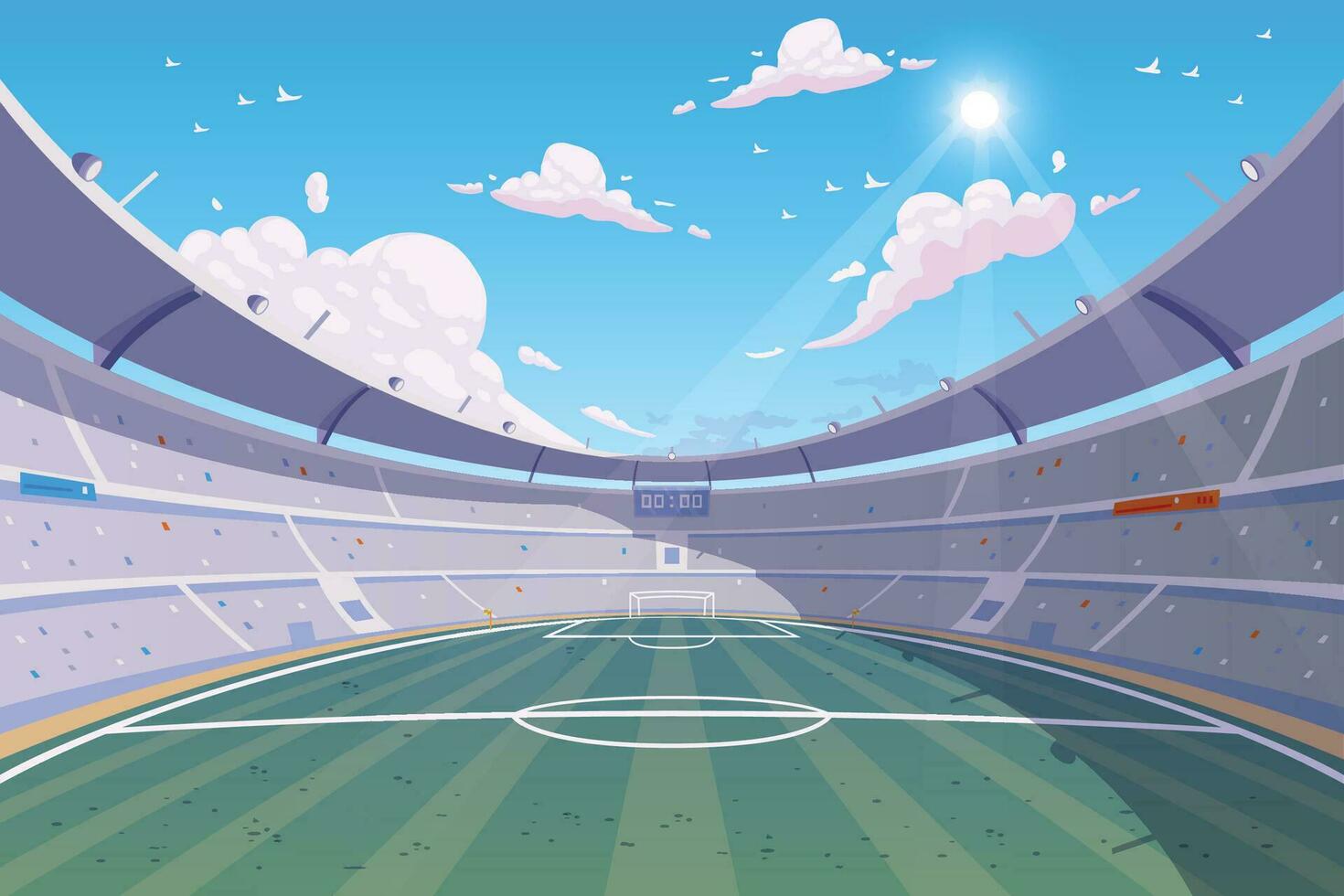 fotboll stadion perspektiv bakgrund med grön gräsmatta, blå himmel vektor illustration