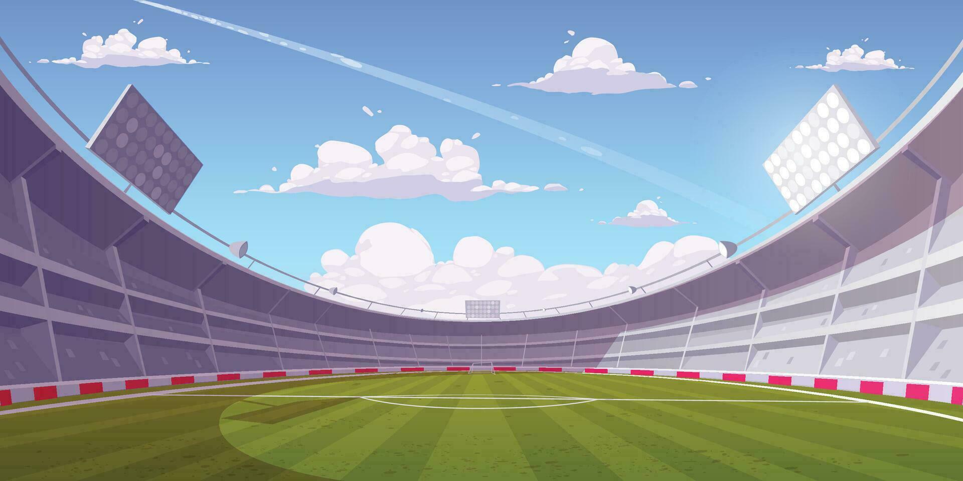 fotboll stadion perspektiv bakgrund med grön gräsmatta, blå himmel vektor illustration