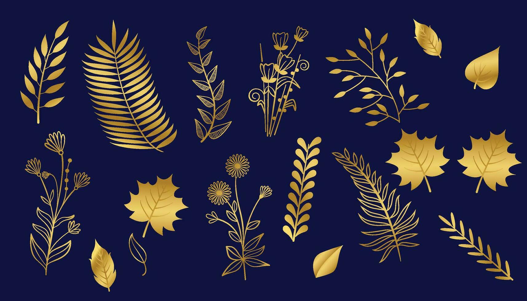 Gold Ast Blatt Element Satz. Hand gezeichnet skizzieren Gekritzel golden Blätter Blumen- Element zum Hochzeit Hintergrund, elegant Design. Vektor Illustration.