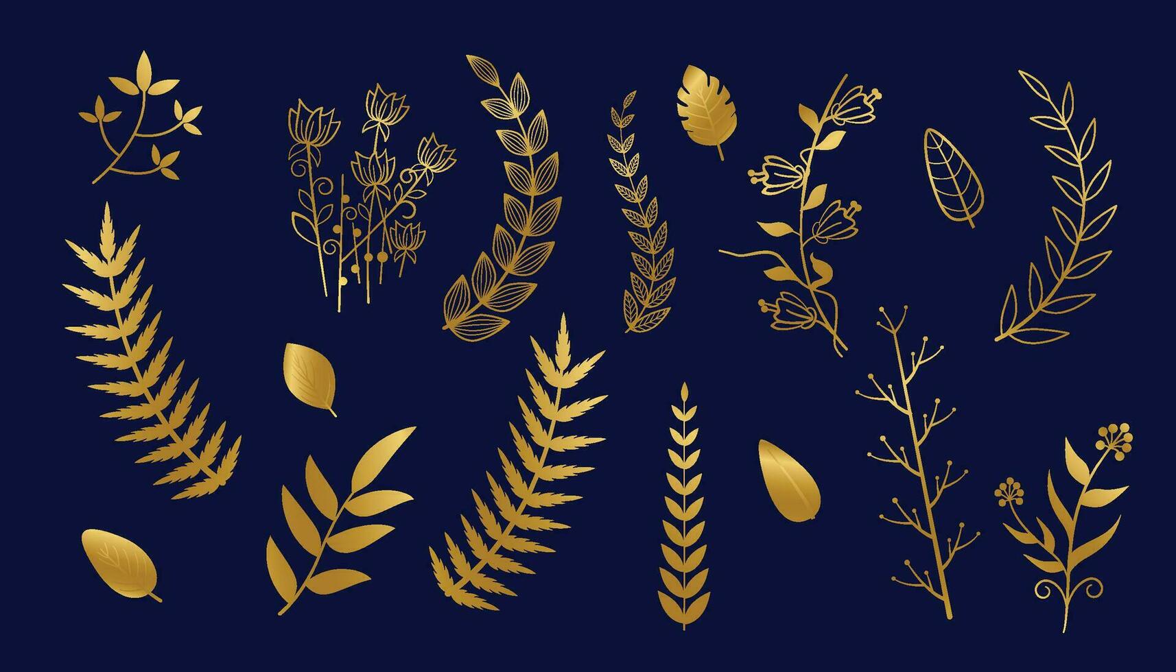 Gold Ast Blatt Element Satz. Hand gezeichnet skizzieren Gekritzel golden Blätter Blumen- Element zum Hochzeit Hintergrund, elegant Design. Vektor Illustration.