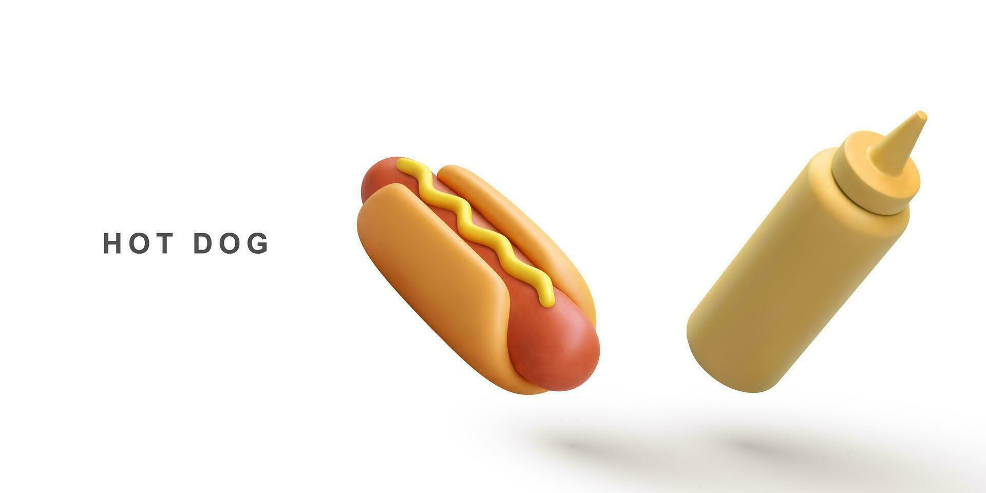 3d heiß Hund und Senf Ketchup auf Weiß Hintergrund. Vektor Illustration.