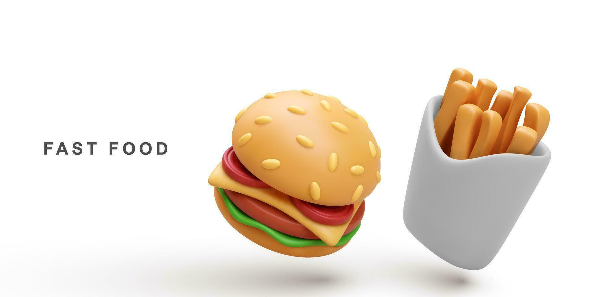 3d realistisk hamburgare och frites potatisar. vektor illustration.