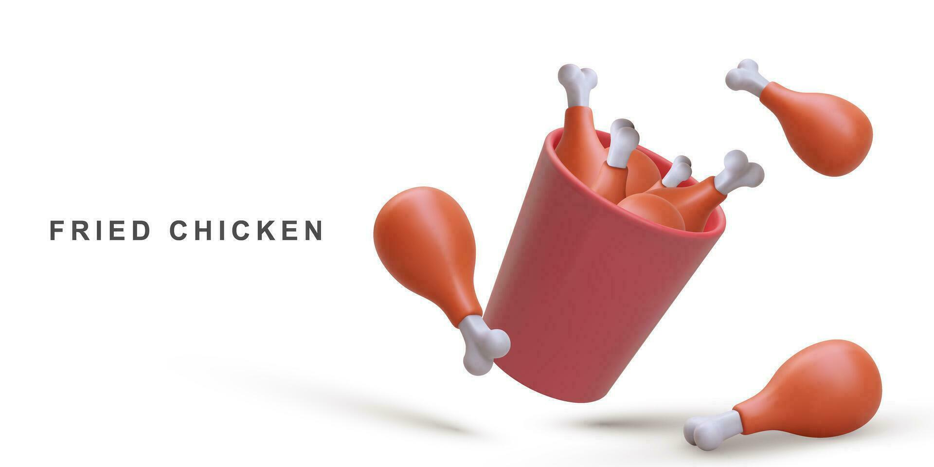 3d realistisk friterad kyckling i en papper hink och friterad kyckling ben. vektor illustration.