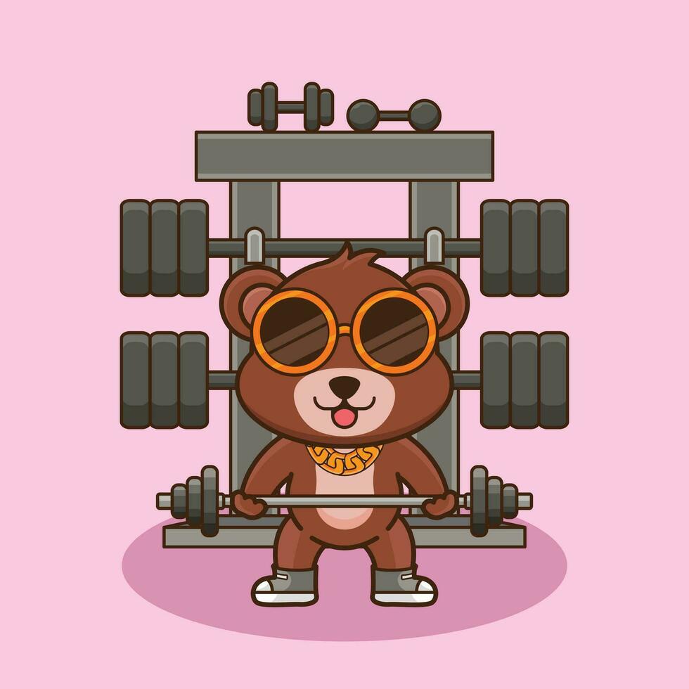 bodybuilding, söt tecknad serie Björn lyft skivstång. söt tecknad serie maskot vektor ikon illustration