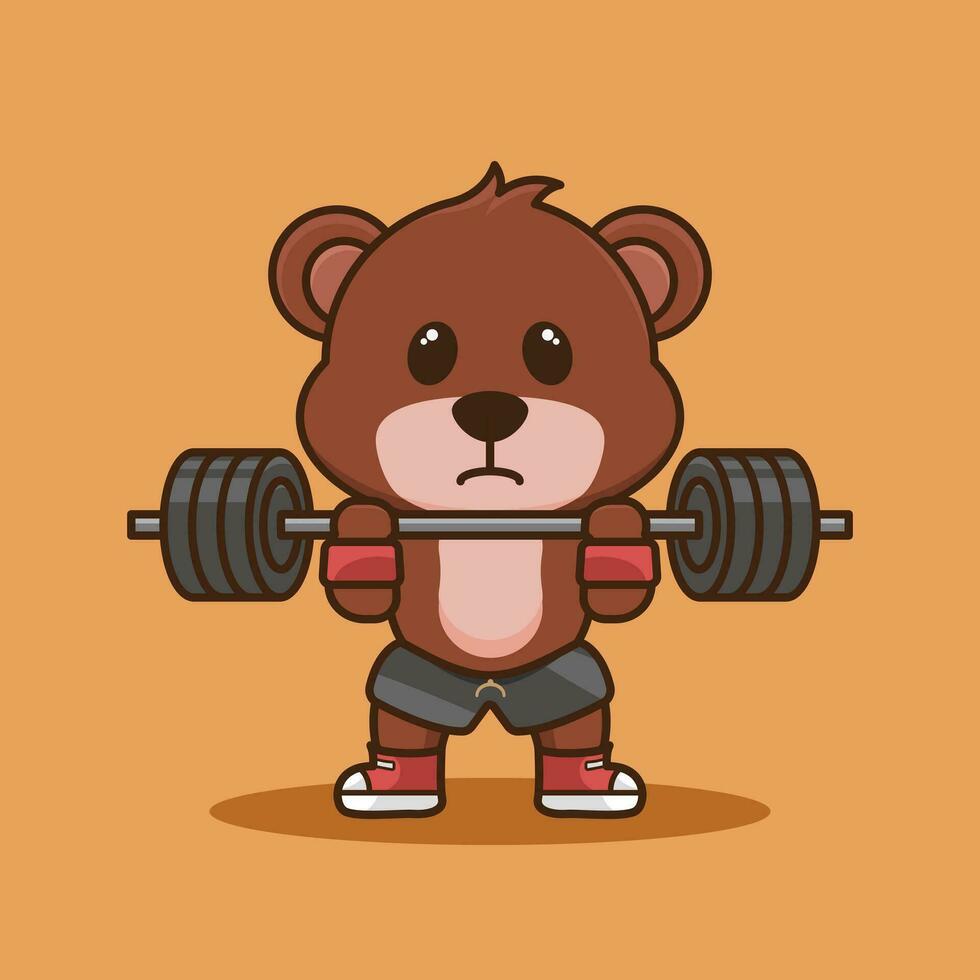 süß Maskottchen, Karikatur Bär Heben Hantel. Fitnessstudio Maskottchen Karikatur Vektor Symbol Illustration