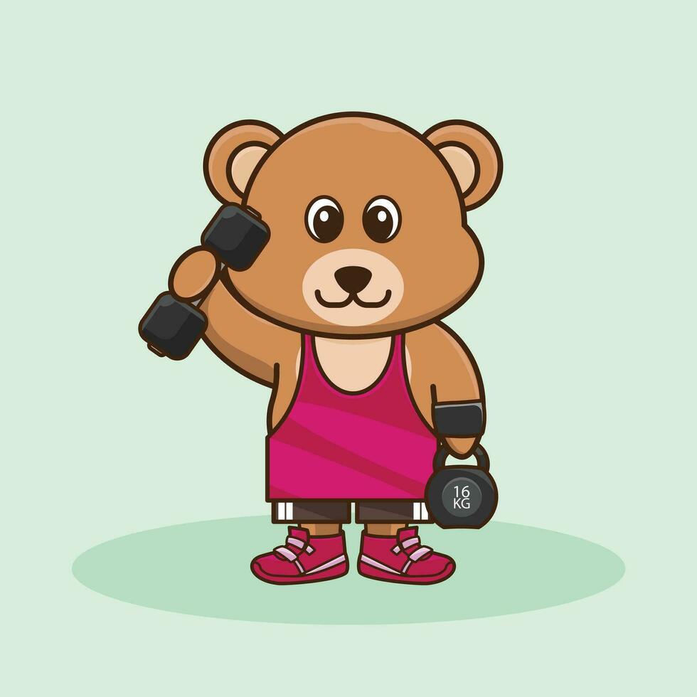 bezaubernd Bär Heben Hantel und Kettlebell. Fitnessstudio trainieren Karikatur Vektor Symbol Illustration.