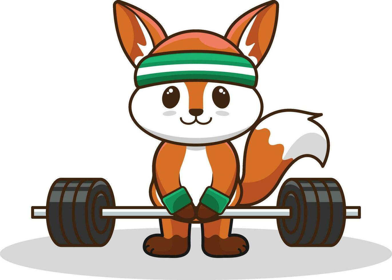 süß Fuchs Heben Hantel Vektor Illustration. Fitnessstudio trainieren Maskottchen, süß Aufkleber, Karikatur Stil.