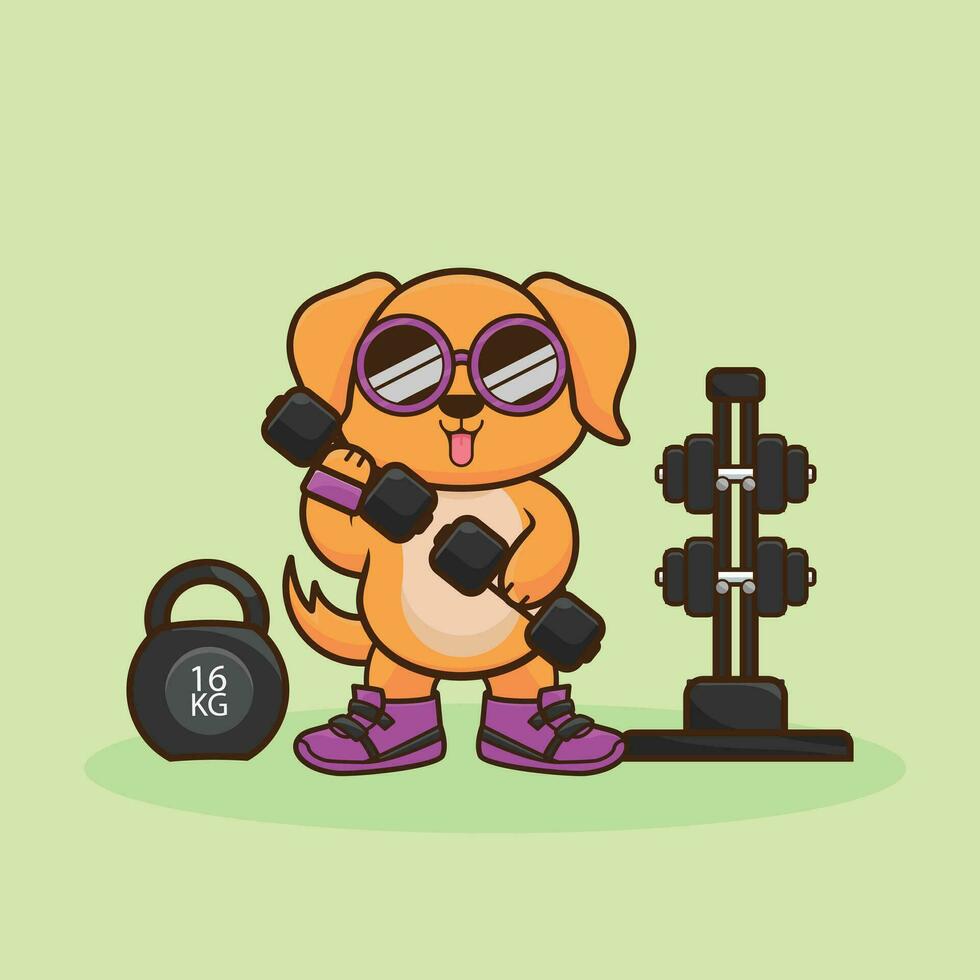 süß Maskottchen golden Retriever Hündchen Heben Hantel süß Aufkleber, Fitnessstudio trainieren Symbol, Karikatur Stil vektor