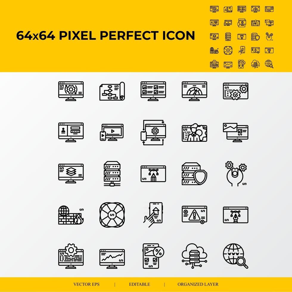 Satz von Webdesign- und Entwicklungsvektorlinien 64x64 Pixel perfekte Symbole vektor
