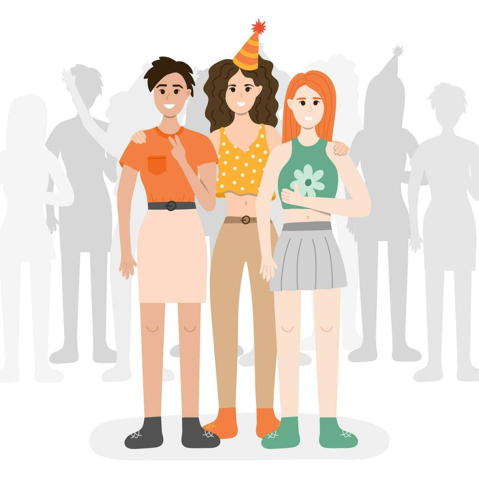 drei Frauen beim das Party Stand im Vorderseite von Menge, umarmen, lächelnd, nehmen ein Bild. glücklich Menschen feiern mit Party Hüte. Urlaub Feier Konzept. Vektor Illustration haben Spaß mit freunde