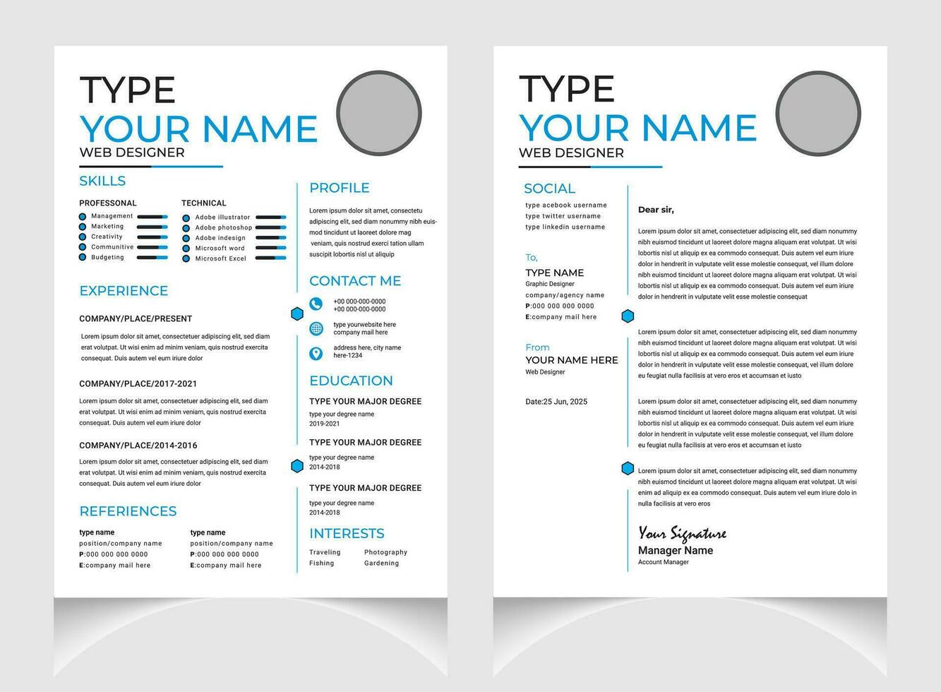 professionell CV eller återuppta mall design med brev omslag design. svart och vit återuppta layout . vektor