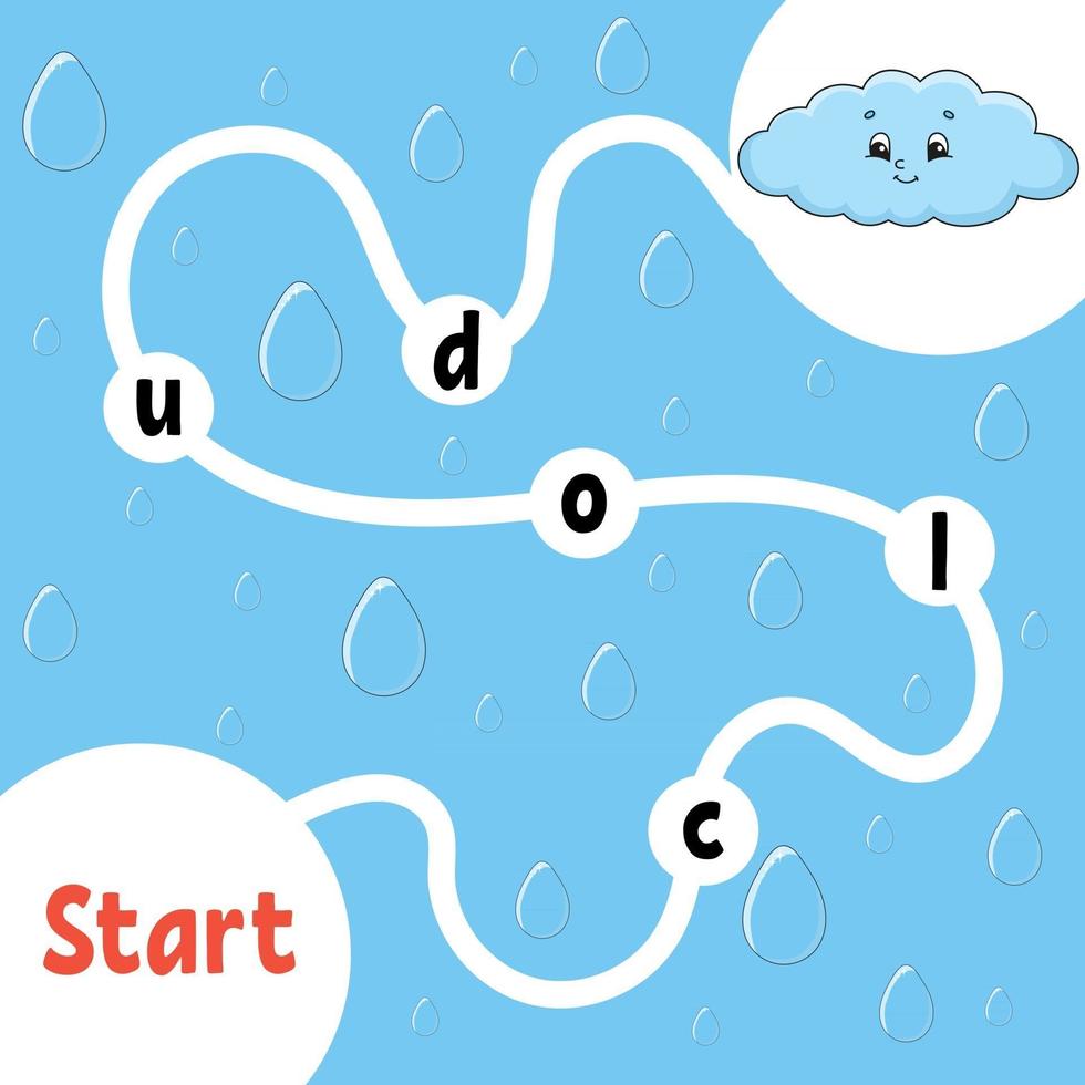 logik pusselspel. roligt moln. lära sig ord för barn. hitta det dolda namnet. utbildning utvecklar kalkylblad. aktivitetssida för att studera engelska. isolerad vektorillustration. tecknad stil. vektor