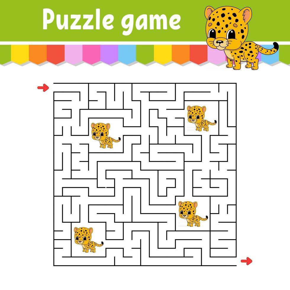 quadratisches Labyrinth. Spiel für Kinder. gefleckter Jaguar. Puzzle für Kinder. Labyrinth Rätsel. Farbe-Vektor-Illustration. den richtigen Weg finden. isolierte Vektor-Illustration. Zeichentrickfigur. vektor
