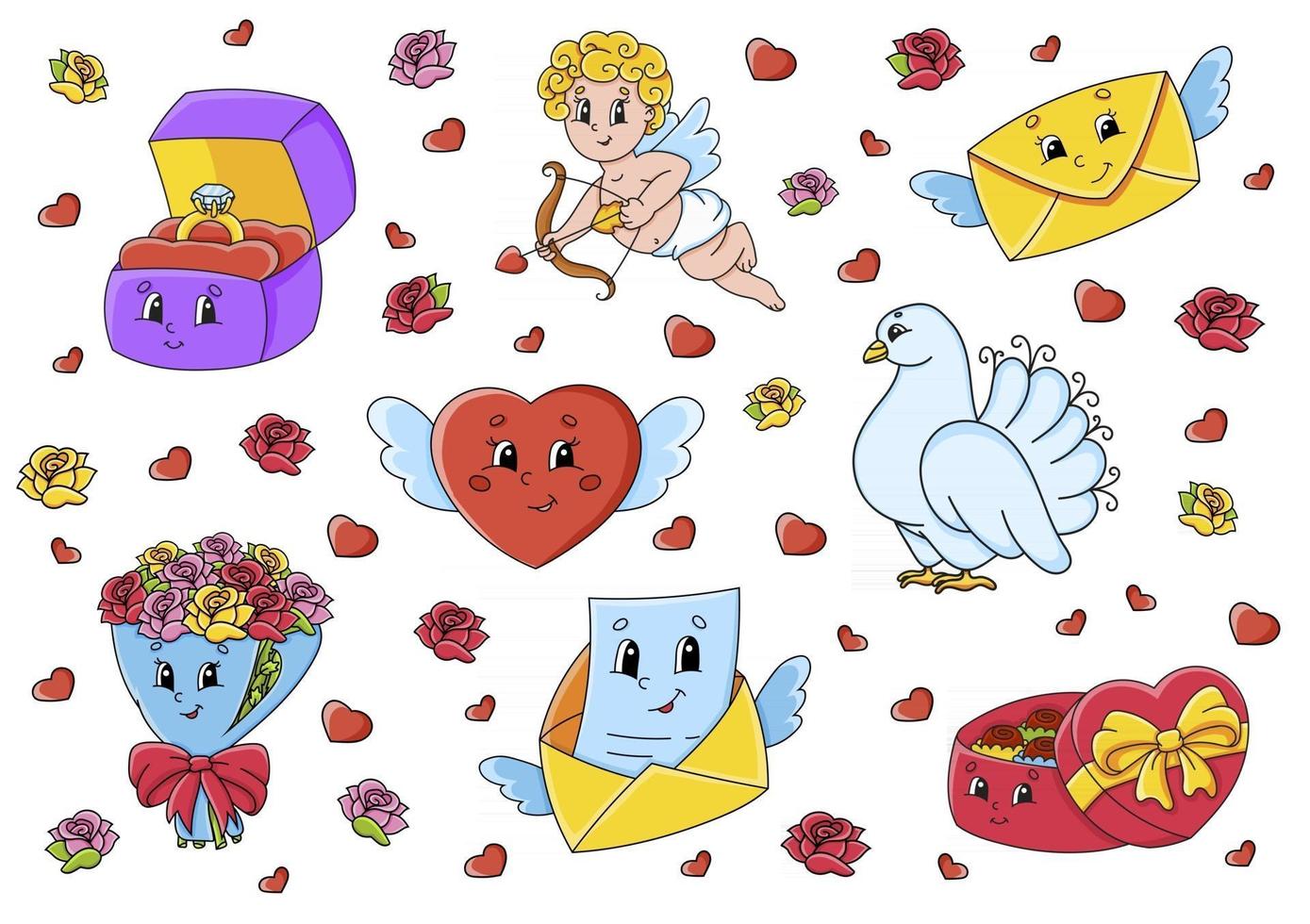 Satz niedlicher Zeichentrickfiguren. Valentinstag Clipart. handgemalt. bunte Packung. Vektorillustration. Sammlung von Patch-Abzeichen. Etikettengestaltungselemente. für Tagesplaner, Tagebuch, Veranstalter. vektor