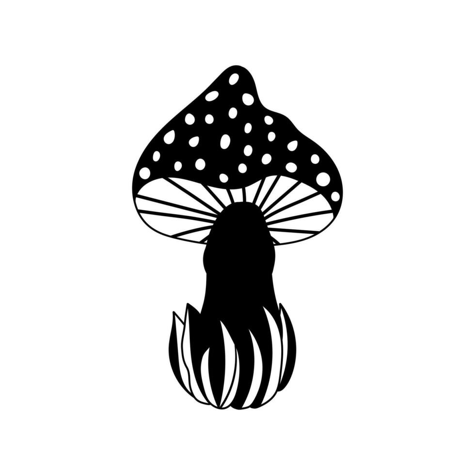 hand dragen silhuett av svamp i gräs, klotter söt flyga agaric i tecknad serie stil, ikon i fast stil. isolerat på vit bakgrund. vektor