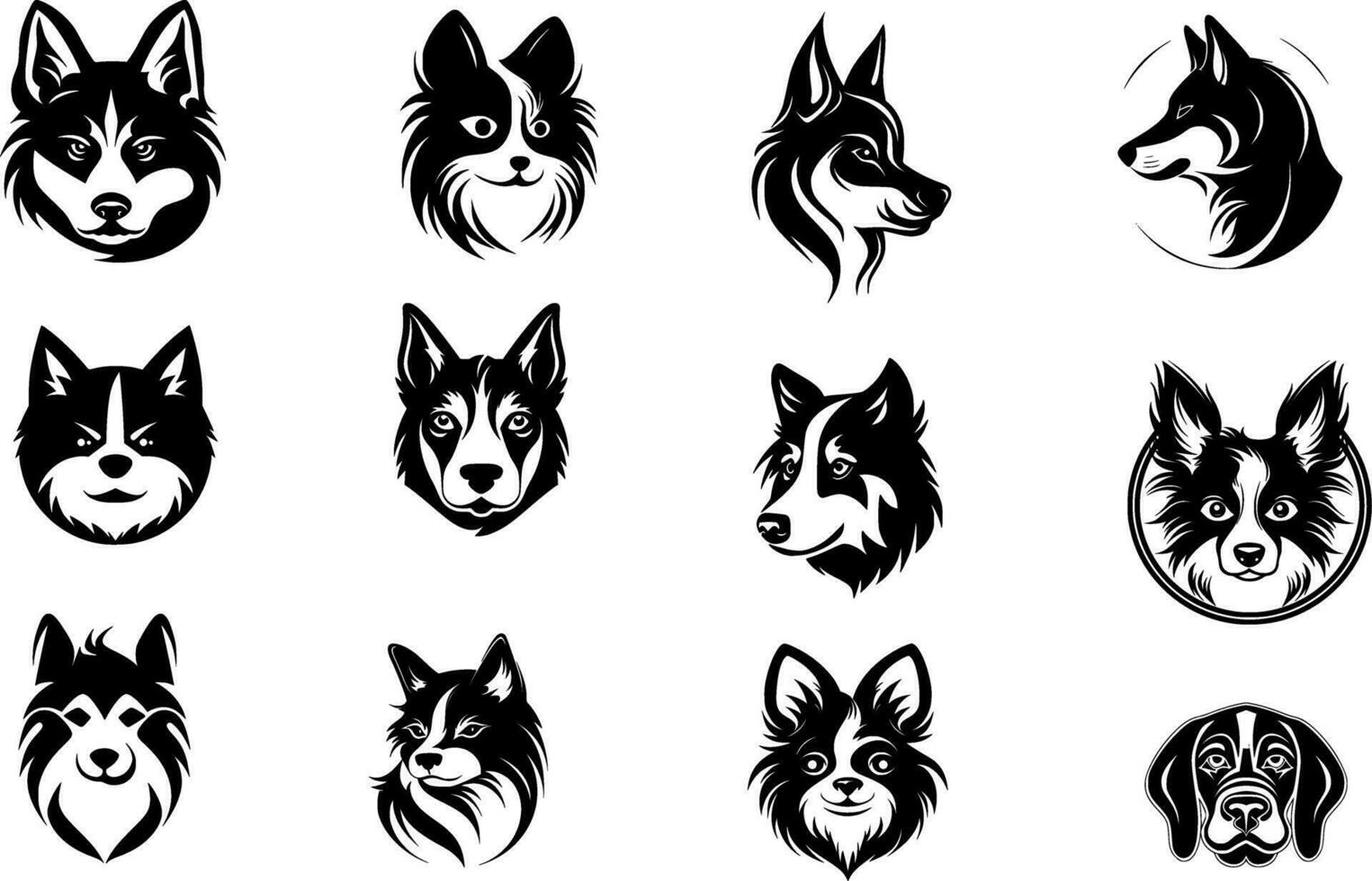 einstellen von Hunde Köpfe im schwarz auf ein Weiß Hintergrund, Vektor Illustration