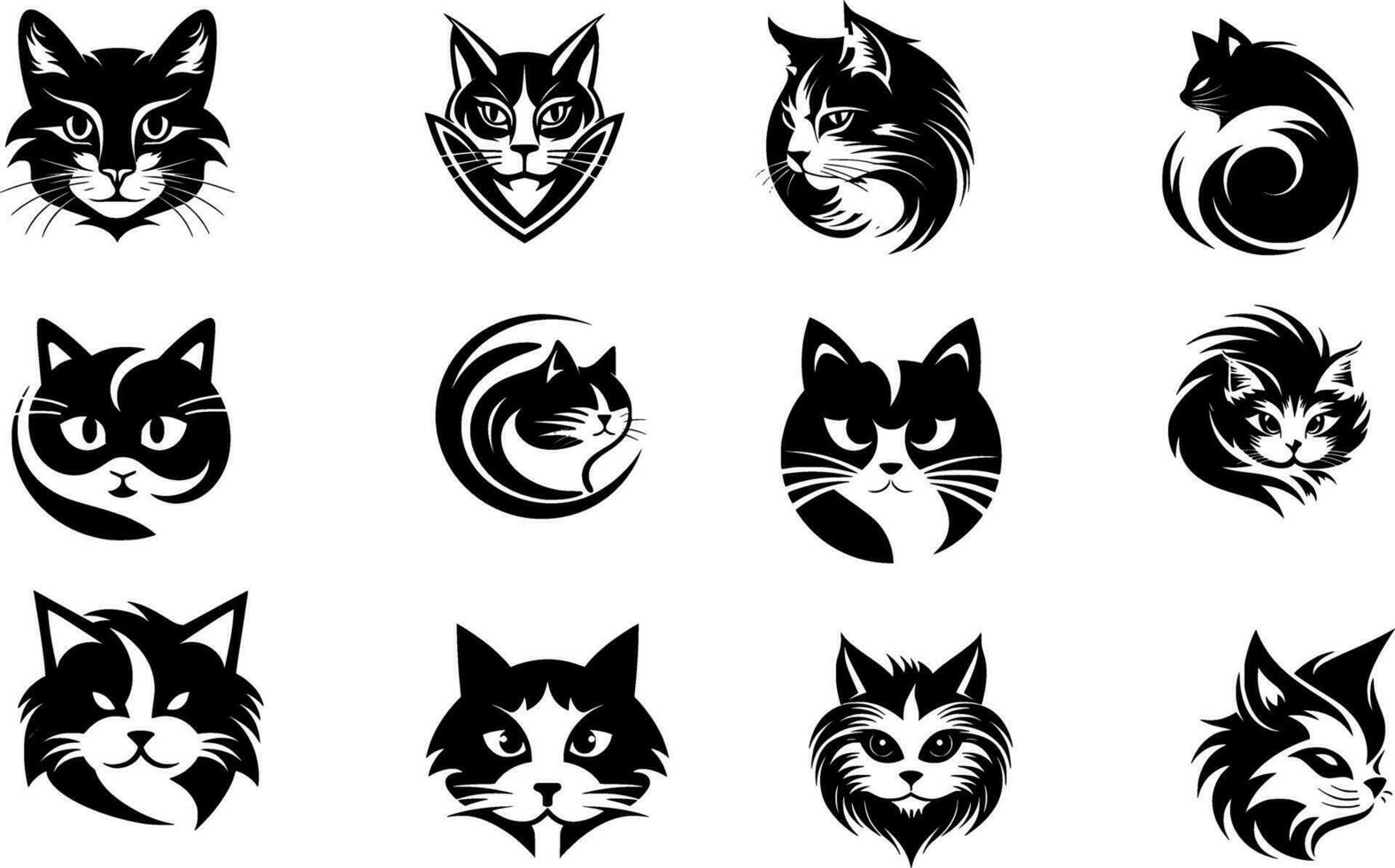katt ikoner uppsättning, svart och vit design element. vektor illustration.