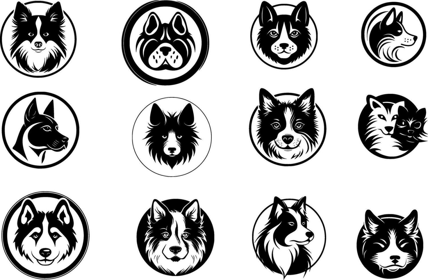 uppsättning av hundar huvuden i svart på en vit bakgrund, vektor illustration